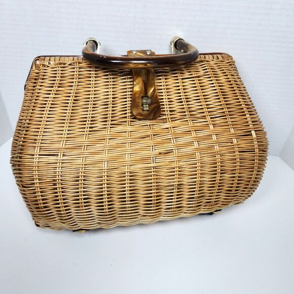 Vintage Simon Wicker Basket Purse Pocketbook Lucite Handle Frame 50's 60's Retro - Picture 9 of 9